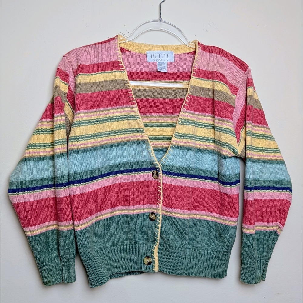 VTG Petite Sophisticate‎ Rainbow Pastel Stripe Knit Sweater Cardigan Y2K Small
